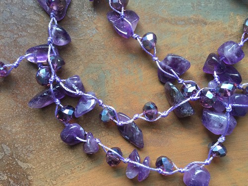 34.6 inch Semi-Precious Gemstone Chip Beads Knotted With Faceted Glass Beads Necklace-Four Choices