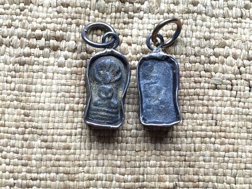 Petite Sandstone and Antique Brass Framed Seated Buddha with Naga Amulet Charm or Pendant