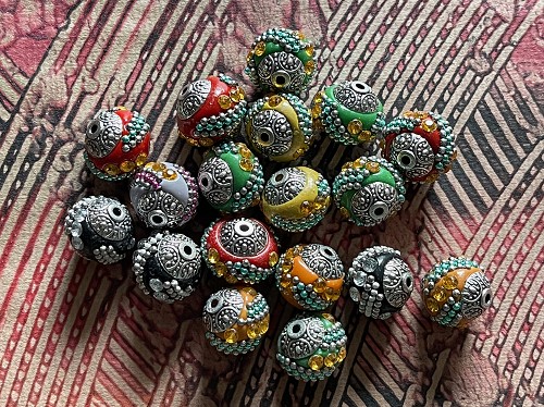 10 Pcs Handmade Indonesian 15mm Kashmiri Beads with Antique Silver or Gold Accents MIXED COLORS ONLY