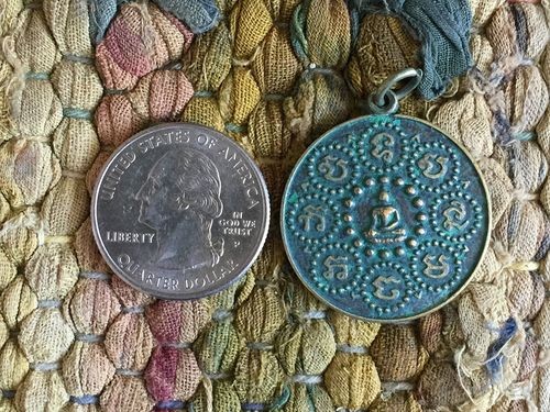 Thai Buddha's Footprint Round 28mm Coin Amulet with Verdigris Patina
