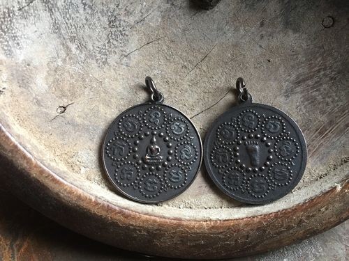 Thai Buddha's Footprint Round 28mm Coin Amulet with Black Patina