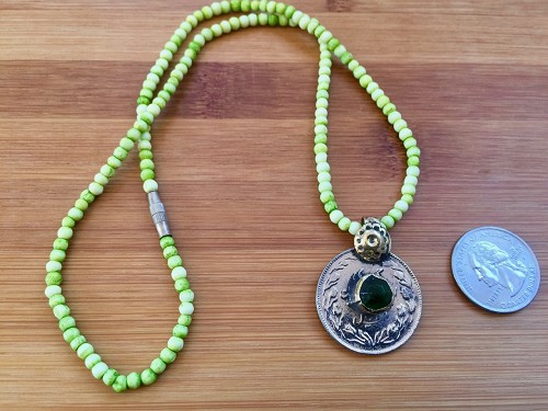 Handmade Afghanistan Pakistan Vintage Kuchi Green Glass Coin Medallion Bone Beaded Necklace