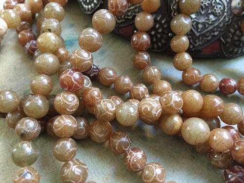 Antique Jade Carved Round Beads 8mm Amber Tones
