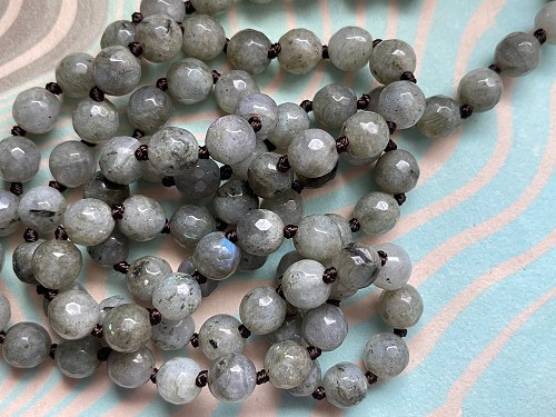 Gorgeous Continuous Loop Knotted 8mm Faceted Labradorite Bead Necklace 35.4 Inches Long