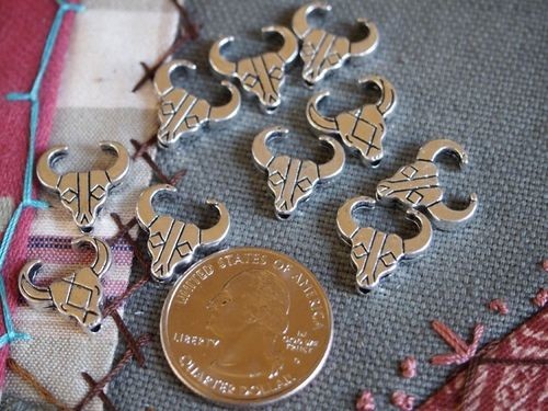 10 Antique Silver Bull Skull Beads or Charms