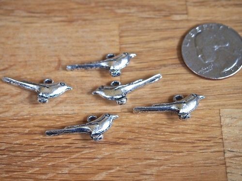 Five 25mm Antique Silver Bird Charms